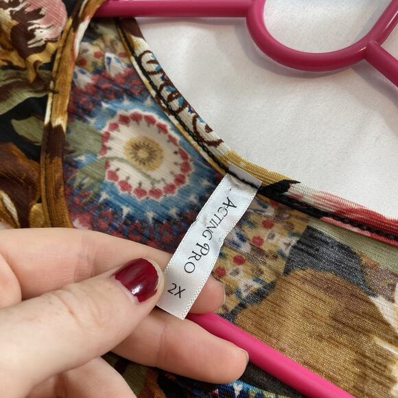 Acting Pro Women's Floral Medallion Print Long Sleeve Top Size 2X Retro Mod Boho - Picture 5 of 9